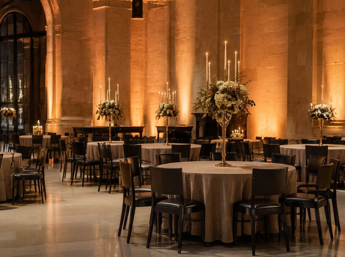 Elegante salón de baile preparado antes de la llegada de los invitados