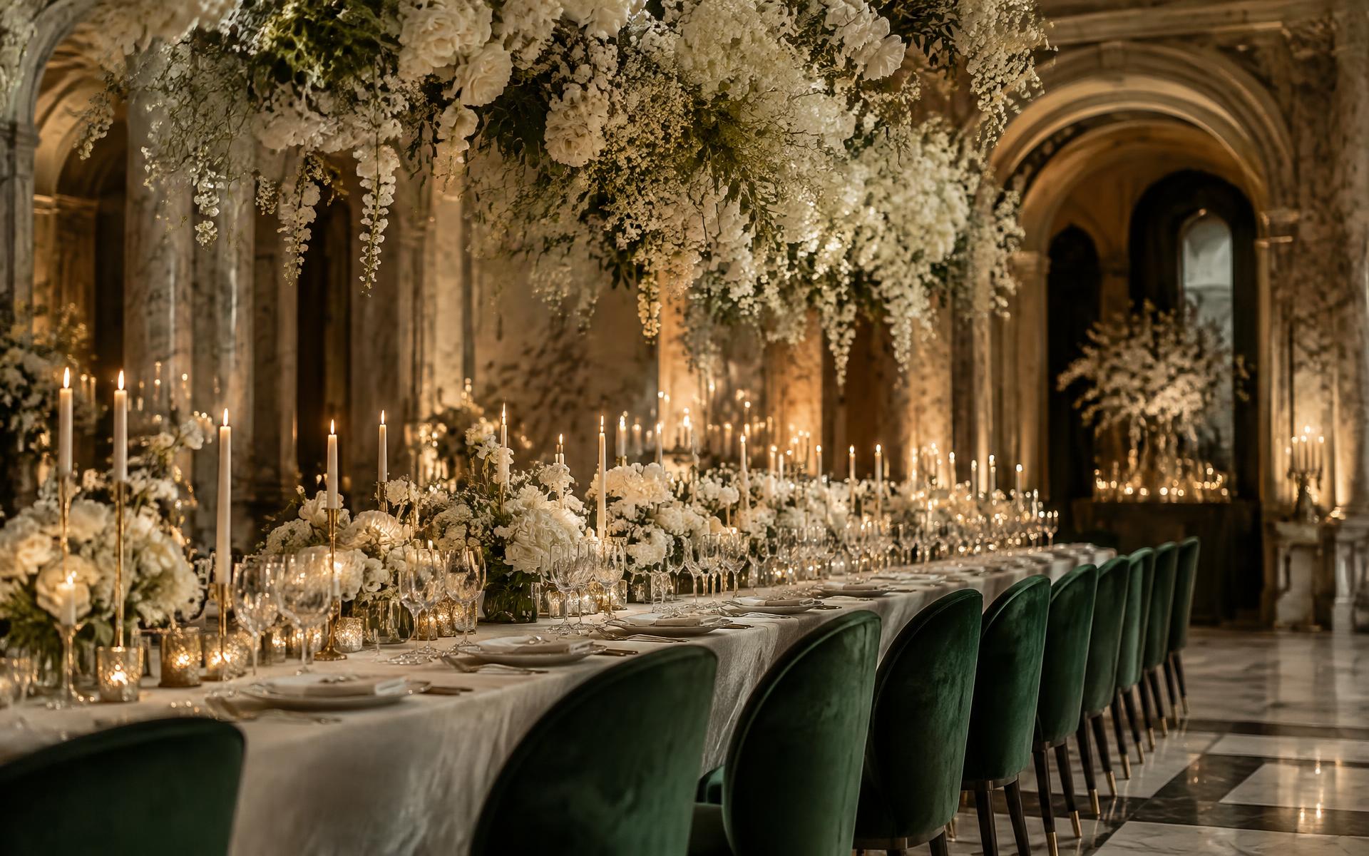 Mesa de banquete iluminada con velas bajo una instalación floral suspendida